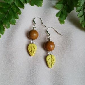 Pumpkin color earrings, Agate and yellow leaves